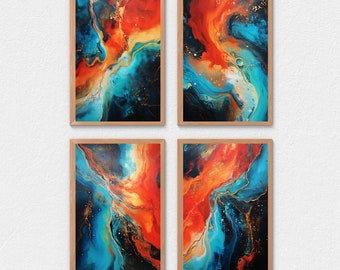 Acid Galaxy Printable Wall Art Set | 4 Fluid Art Designs | Acrylic Pour | Trippy Galaxy | Abstract Art | Cosmic Art | Black, Gold, Blue, Red