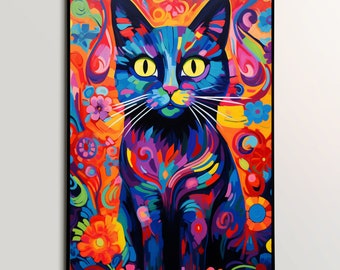 Trippy Cat Printable Wall Art | Psychedelic Design | Colorful & Vibrant | Modern | Maximalist | Abstract | Groovy | Bold and Fun | Family