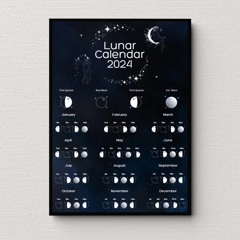 Printable 2024 Lunar Calendar Moon Phases 2024 Digital Download Pastel