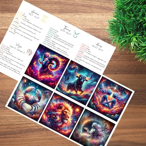 Druckbare Sternzeichen Karteikarten | Astrologie Lernkarten | Himmlisch | Schöne astrologische Karten | Sternzeichen-Führer | Horoskop
