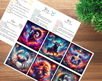 Printable Zodiac Sign Flashcards | Astrology Learning Cards | Celestial | Beautiful Astrological Cards | Star Sign Guide | Horoscope