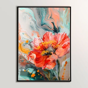 May include: Abstract painting of a red poppy flower with yellow accents on a background of swirling blue, green, and orange paint.