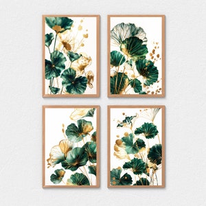 Emerald Bloom Printable Wall Art Set | 4 Gorgeous Green and Gold Flower Designs| Modern and Elegant | Lush Plant Prints | Watercolor Flowers