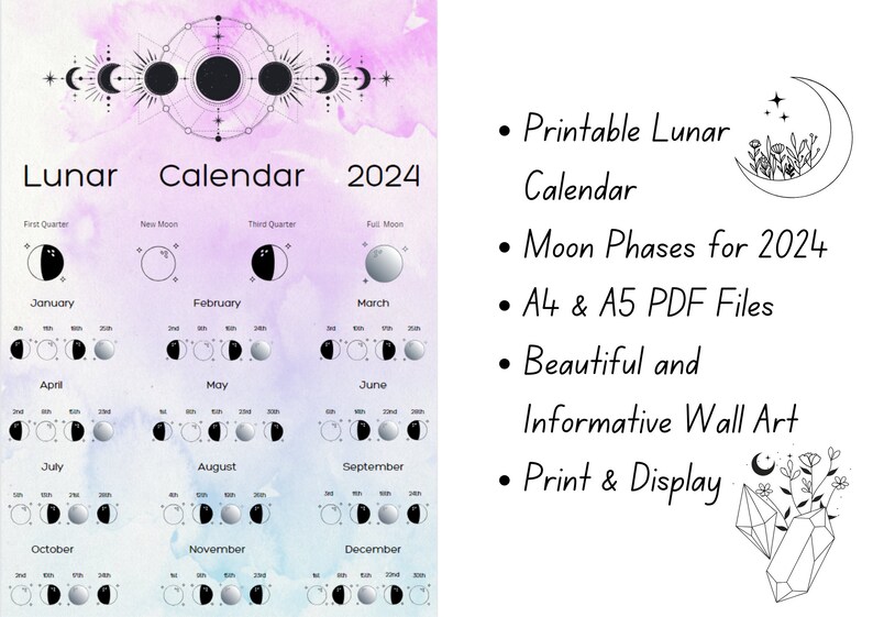 Printable 2025 Lunar Calendar Moon Phases 2025 Digital Download Pastel