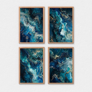 Opulent Tides Printable Wall Art Set | 4 Fluid Art Designs | Royal Blue & Gold Waves | Acrylic Pour | Abstract Art | Contemporary Home Decor