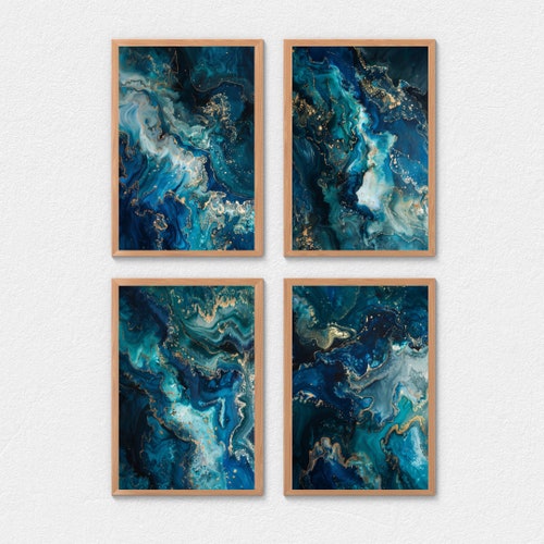 Opulent Tides Printable Wall Art Set | 4 Fluid Art Designs | Royal Blue & Gold Waves | Acrylic Pour | Abstract Art | Contemporary Home Decor