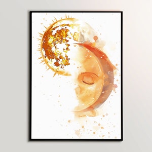 May include: A watercolor painting of a sun and a crescent moon with a closed eye. The sun is yellow and orange with a halo of light. The moon is orange and yellow with a white background. The painting is on a white background with orange and yellow watercolor splatters.