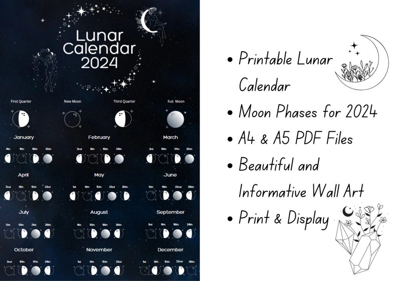 Printable 2024 Lunar Calendar Moon Phases 2024 Digital Download Pastel