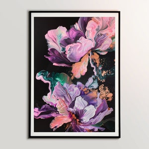 May include: Abstract painting of two pink, purple, and green flowers on a black background. The flowers have a swirling, fluid design and are accented with gold.