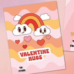 Puede incluir: Dos tarjetas de San Valentín imprimibles. La primera tarjeta presenta un arcoíris y dos nubes con caras. El texto dice "Valentine Hugs" con espacio para escribir "To:" y "From:". La segunda tarjeta presenta un sobre de dibujos animados con alas y el texto "Have a Groovy Valentine's Day" con espacio para escribir "To:" y "From:". Las tarjetas miden 3,9 pulgadas por 5 pulgadas.