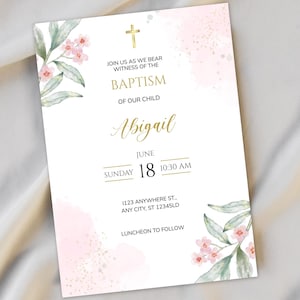 Baptism Invitation Girl Editable – Pink Floral Corjl Template – Watercolor Gold Christening Invite – Printable Digital File