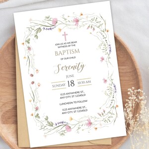 Invito al battesimo per bambina modificabile – Modello floreale per battesimo Corjl – Invito stampabile per battesimo – Download digitale per battesimo boho rosa