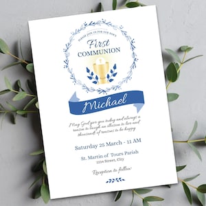 Prima Comunione, Modello di invito, Elegante invito alla Comunione, Invito alla Prima Comunione modificabile per bambino, Download immediato