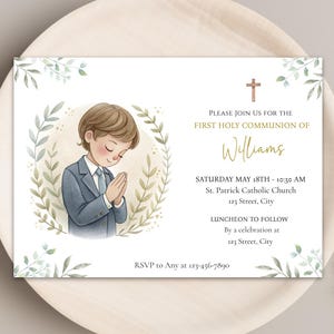 Première communion, modèle d'invitation, invitation à la première communion pour garçon, invitation à la première communion modifiable pour garçon, téléchargement instantané