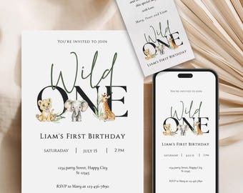 May include: A set of white stationery for a first birthday party, including an invitation, a tag, and a phone screen. The design features the text "Wild One" with illustrations of a lion, elephant, and giraffe. The tag includes the text "Thank you for coming..."
