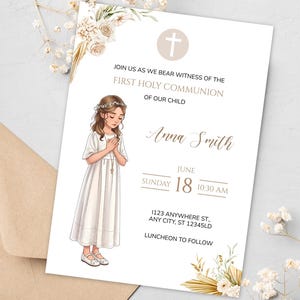 First Holy Communion, Invitation Template, Elegant Communion Invite, Editable First Communion Invitation Girl, Instant Download