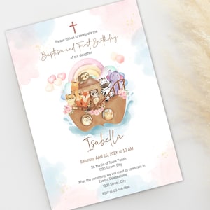 Girl Noah's Ark Baptism and First Birthday Invitation – Editable Corjl Template – Pink Pastel Digital Download