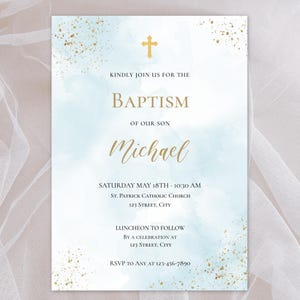 Invitation au baptême catholique pour garçon | Modèle d'invitation de baptême modifiable | Invitation numérique au baptême de bébé | Carte de baptême imprimable pour fils
