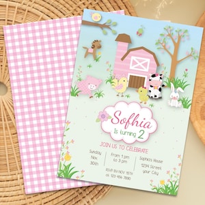 Pink Farm Birthday Invitation Girl – Editable Farm Animal Party Invite – Corjl Template – Barnyard Birthday Download