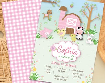 Pink Farm Birthday Invitation Girl – Editable Farm Animal Party Invite – Corjl Template – Barnyard Birthday Download