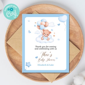 Modèle de carte de remerciement ours mignon | Impression numérique modifiable pour les baby showers et les anniversaires