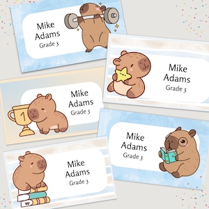Kawaii Capybara School Name Labels – Cute Kawaii Capybara Sticker Set – Pastel Donut & Laptop Designs – Printable Name Tags for Kids