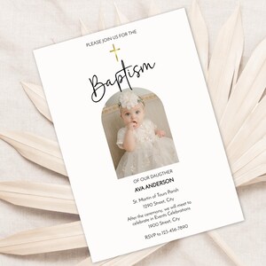 Faire-part de baptême avec photo fille | Modèle de carte de baptême modifiable | Invitation de baptême imprimable | Téléchargement instantané avec Corjl