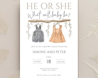Gender Reveal Invitation Editable | He or She What Will Baby Be | Neutral Printable Invite | Corjl Template Digital Download