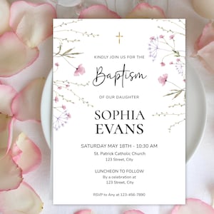 Modèle d'invitation de baptême de fille modifiable | Invitation de baptême imprimable Corjl | Invitation de baptême florale | Carte d'invitation religieuse
