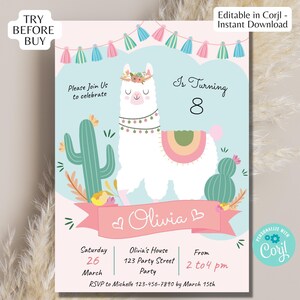 Op de afbeelding: Een roze en blauwe verjaardagsuitnodiging met een witte lama met bloemaccenten, cactussen en de tekst "Is Turning 8". De uitnodiging bevat feestdetails en de naam "Olivia". De tekst "Try Before Buy" is ook zichtbaar.
