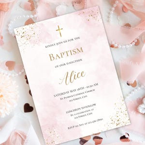 Baptism Invitation Girl Editable – Pink and gold Corjl Template – Watercolor Gold Christening Invite – Printable Digital File