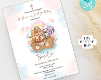 Invitation de baptême et de premier anniversaire sur le thème de l'Arche de Noé pour fille – Modèle Corjl modifiable – Rose pastel (Téléchargement numérique)