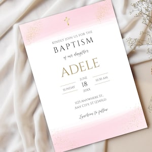 Rosa Mädchen Taufeinladung – Editierbare Corjl Vorlage – Aquarell Kreuz Digitaler Download - Taufkarte - Katholische Taufe