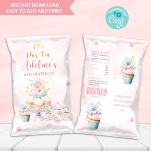 May include: Pink and blue chip bag favor with a cupcake design and the text "Let's Par-tea Adeline's 6th Birthday".