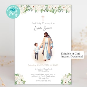 Puede incluir: Una tarjeta de invitación blanca con detalles florales y el texto "Primera Comunión". La tarjeta presenta una ilustración de Jesús sosteniendo la mano de un niño. El texto incluye la fecha, la hora y el lugar del evento.