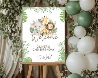 Two Wild Safari Welcome Sign | Jungle 2nd Birthday Party Sign | Editable Corjl Printable for Boys or Girls