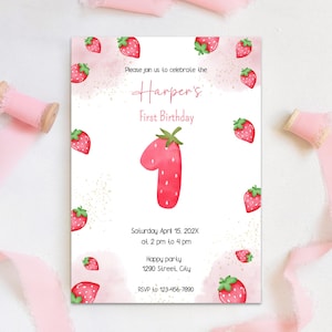 Berry First Birthday Invitation Girl – Editable 1st Birthday Template – Strawberry Party Invite – Corjl Digital Download