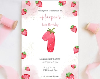 Berry First Birthday Invitation Girl – Editable 1st Birthday Template – Strawberry Party Invite – Corjl Digital Download