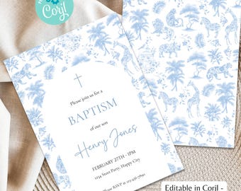 Boy Baptism Invitation Safari Toile | Blue Jungle Editable Corjl Template | Digital Christening Invite