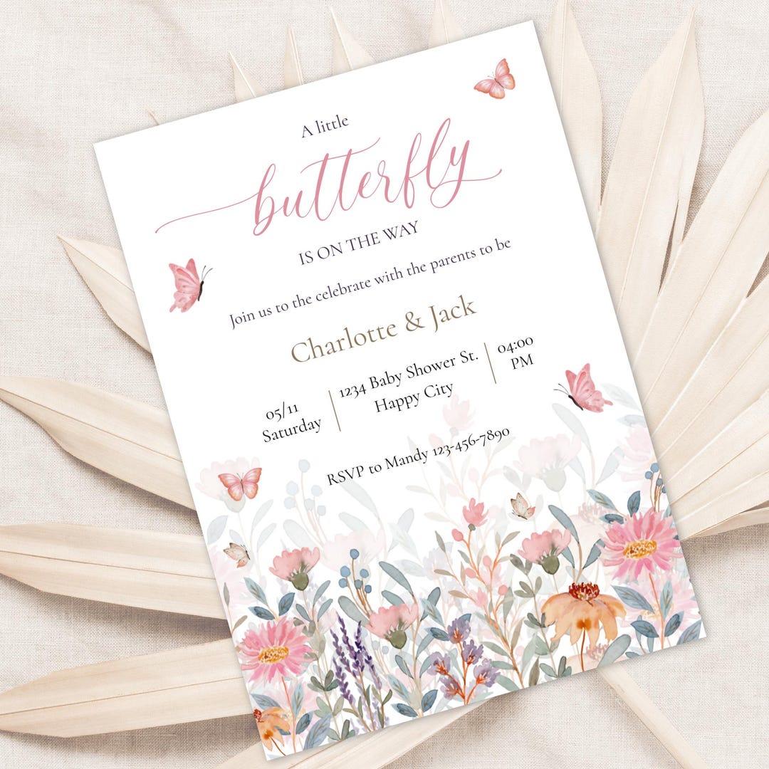 Boho Butterfly Baby Shower Invitation | Editable Template | Pink Floral ...