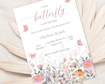 Boho Butterfly Baby Shower Invitation | Editable Template | Pink Floral Wildflower Design | Instant Download via Corjl