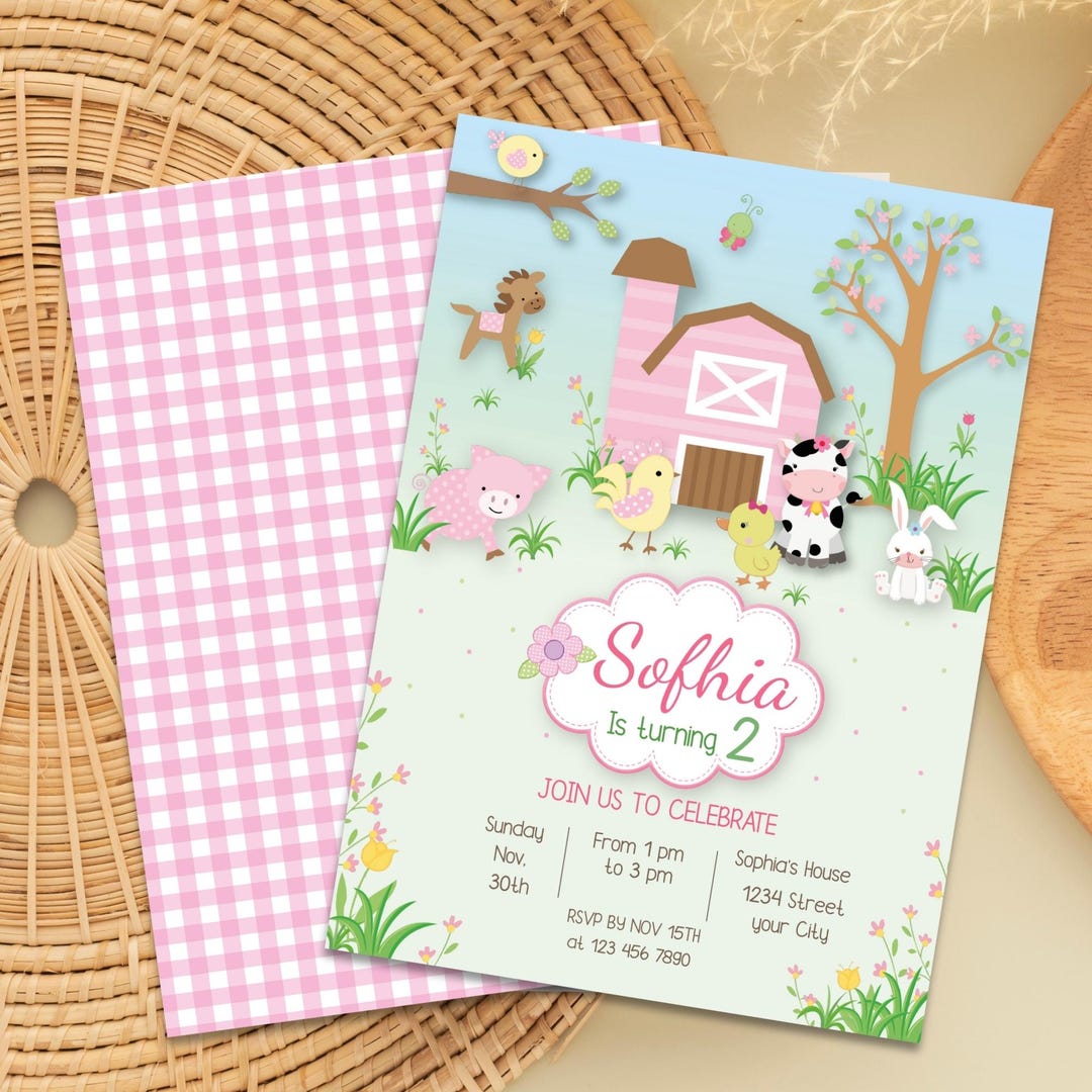 Pink Farm Birthday Invitation Girl – Editable Farm Animal Party Invite ...