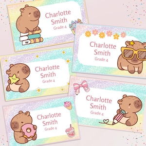 Kawaii Capybara School Name Labels – Cute Kawaii Capybara Sticker Set – Pastel Donut & Laptop Designs – Printable Name Tags for Kids