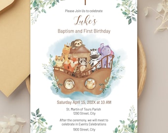 Modèle d'invitation pour baptême et premier anniversaire de l'Arche de Noé – Téléchargement numérique Corjl modifiable