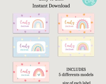 Rainbow Printables Labels, Preschool labels, Personalized kids labels, Kids Name Labels, School supplies stickers, School Name labels