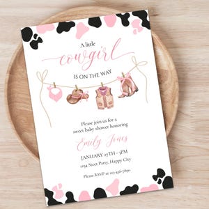 Little Cowgirl Baby Shower Invitation Girl – Western Cow Print Editable Template – Rustic Pink Baby Shower Corjl Invite Printable