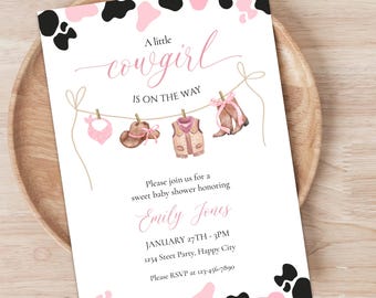 Little Cowgirl Baby Shower Invitation Girl – Western Cow Print Editable Template – Rustic Pink Baby Shower Corjl Invite Printable