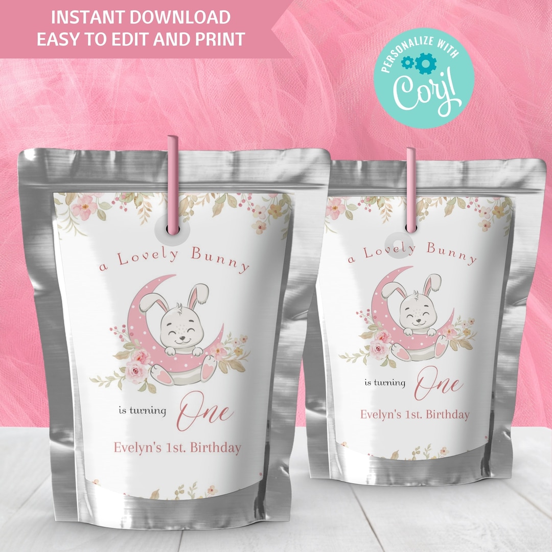 Bunny Capri Sun Label, Printable Bunny Blush Floral, 1st Birthday ...