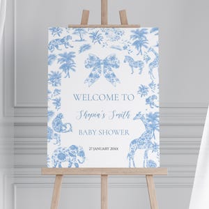 Baby Shower Welcome Sign Blue Toile de Jouy Jungle Animals – Editable Poster – Printable Safari Baby Shower Decor – Boy Baby Shower Template