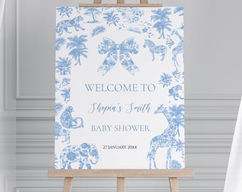 Baby Shower Welcome Sign Blue Toile de Jouy Jungle Animals – Editable Poster – Printable Safari Baby Shower Decor – Boy Baby Shower Template